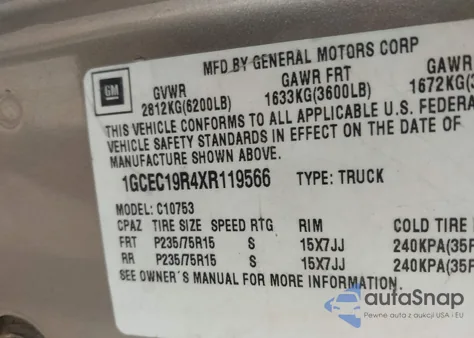 1999 Chevrolet C1500 Ls из США, поврежденный, VIN 1GCEC19R4XR119566